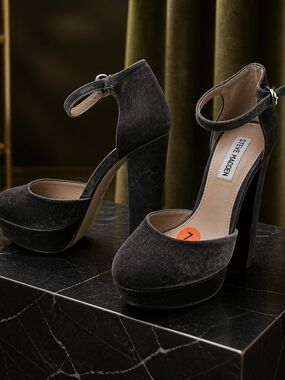 Steve Madden Black Velvet Platform Ankle-Strap Pumps